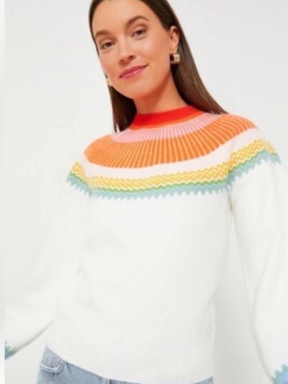 Pomander Place White Crewneck Sweater with Rainbow Yoke